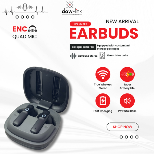 Daw-Link True Wireless Earbuds – Lollapalooza Pro | Bluetooth Version: 5.3 | ENC Quad Mic Technology | IPX Level 5 Water Resistance